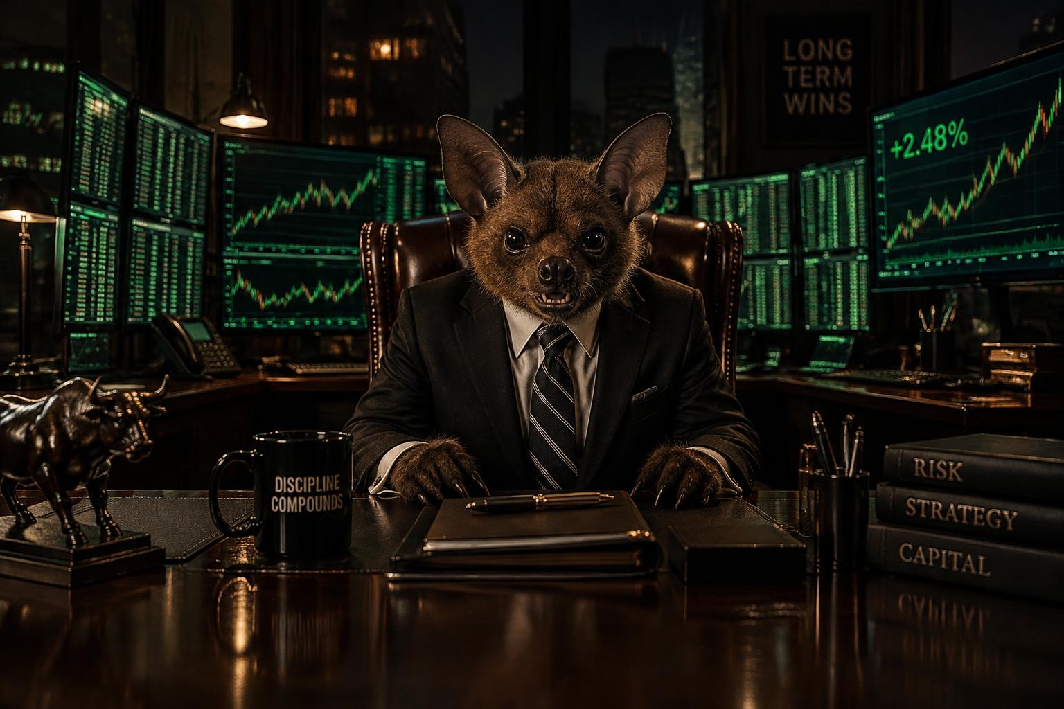 The bat at his executive desk surrounded by green trading monitors