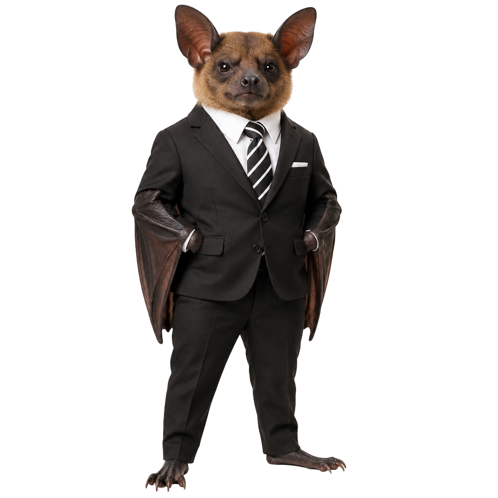 Bat on Finance mascot: a brown bat wearing a black business suit and striped tie