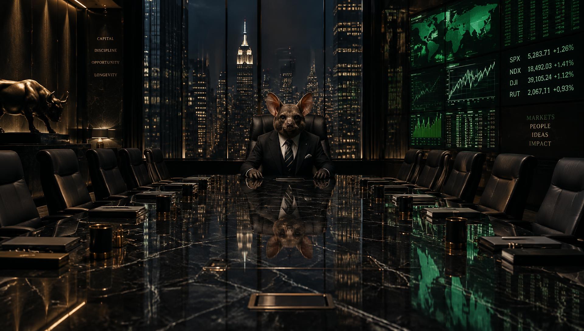 The bat at the head of an enormous Wall Street boardroom table